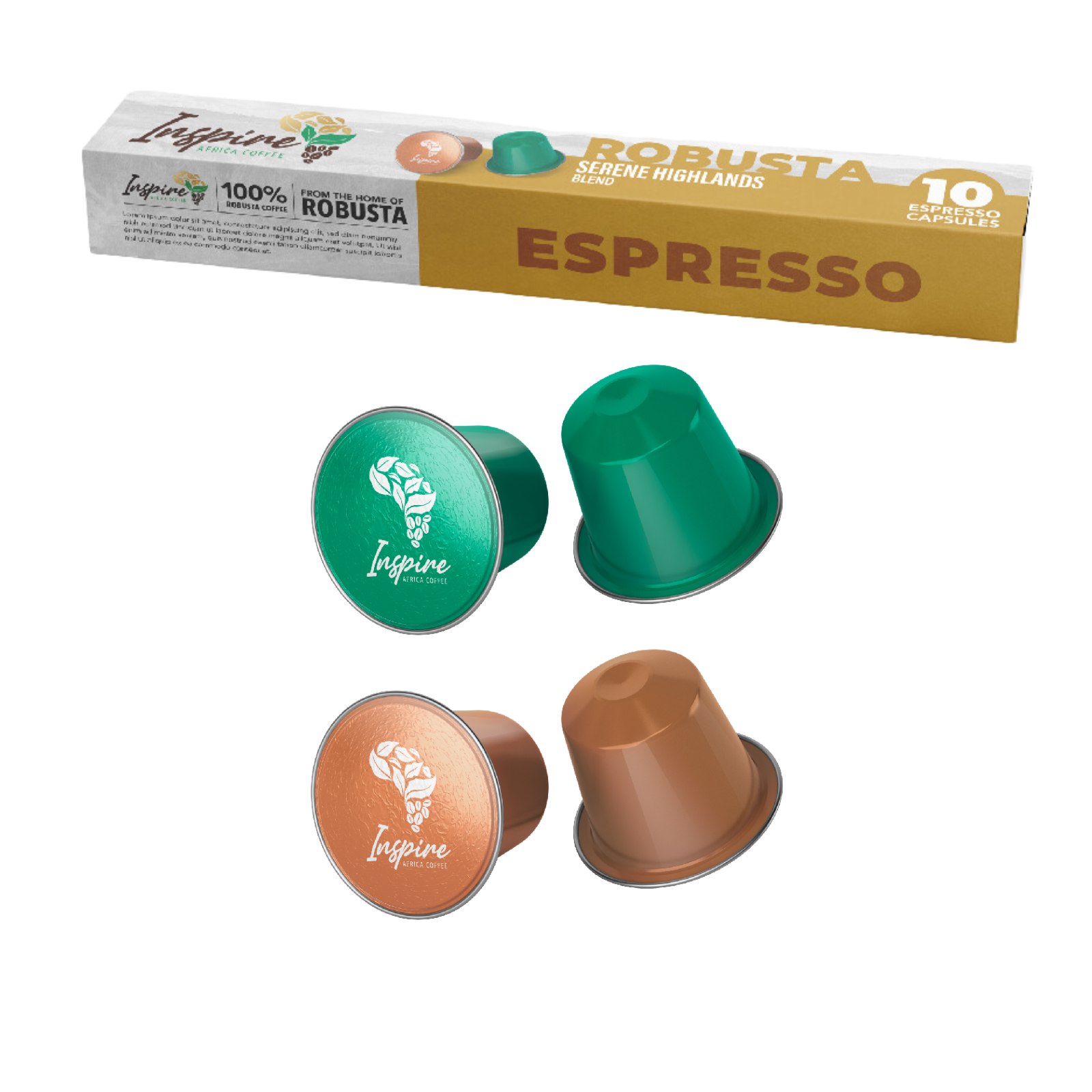 Inspire Africa Coffee – Serene Highlands Blend Espresso Capsules (100% Robusta)